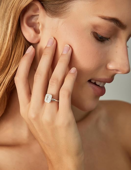 EAMTI 3CT Engagement Rings for Women Radiant Cut CZ Solitaire Promise Wedding Bands Travel Bezel Ring Size 4-10