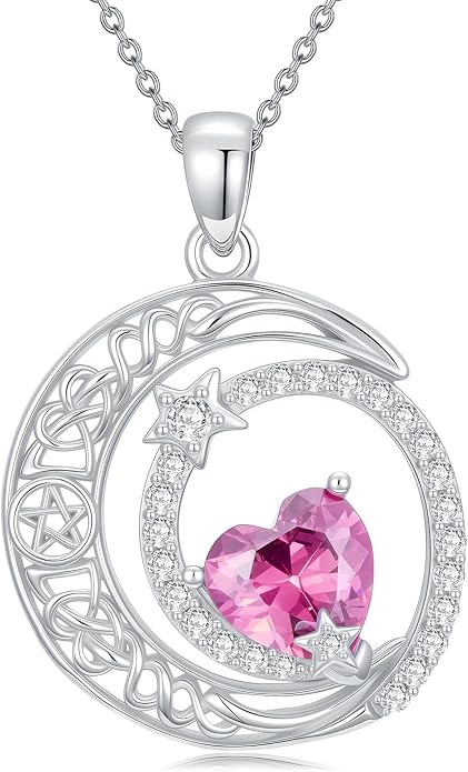 Dorunmo Heart Birthstone Necklace for Women 925 Sterling Silver Moon and Star Pendant Birthday Jewelry Gifts for Wife Her Daughter Mom