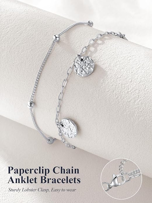 U7 Silver/Gold Ankle Bracelets for Women Layered Chain Anklets Stainless Steel Waterproof Summer Beach Anklet Cham, Adjustable 8.5"-10.5"