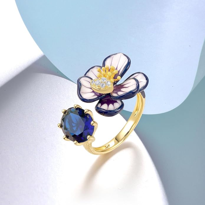 Santuzza 925 Sterling Silver Enamel Flower Statement Ring for Women