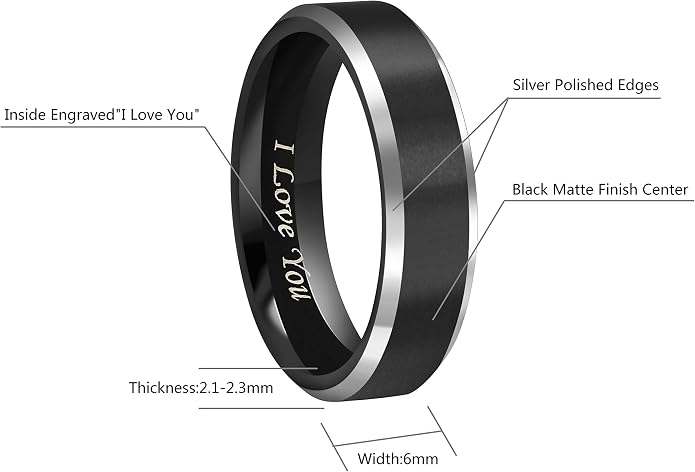 CROWNAL 4mm 6mm 8mm Black Tungsten Couple Wedding Bands Rings Men Women Polished Beveled Edges Matte Brushed Finish Engraved I Love You Size 3.5 To 17