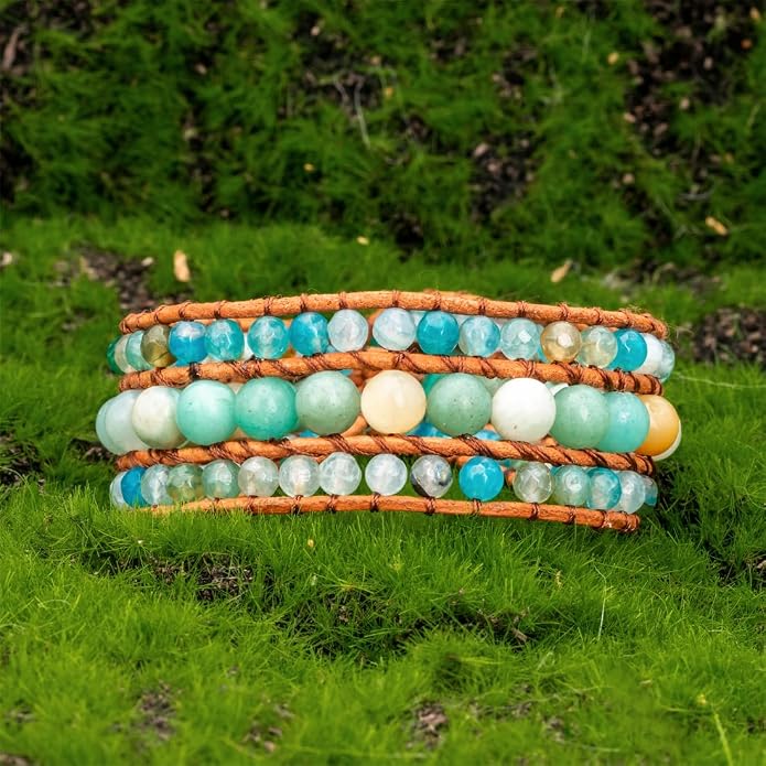 YGLINE Boho Handmade Natural Stone Bead 3 Row Wide Wrap Wrist Statment Bracelet Jewelry Collection