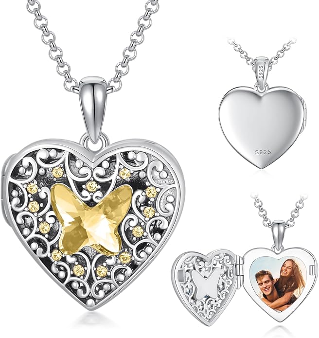 Dorunmo Personalized Locket Necklace 925 Sterling Silver that Holds Pictures Butterfly Birthstone Photo Heart Locket Custom Jewelry Congratulations New Beginnings New Job Gifts for Women