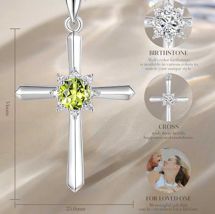 FANCIME Birthstone Cross Necklace for Women Sterling Silver Birthstone Necklace Halo Infinity Cross Pendant Necklace Fine Jewelry Valentines Day Gifts Birthday Holiday Gifts for Her, 16"+2" Inches