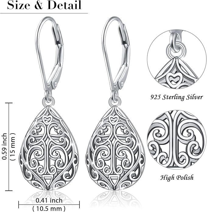 925 Sterling Silver Filigree Dangle Drop Earrings Daisy/Lotus/Rose Flower/Moonstone Leverback Teardrop Earrings for Women Infinity Celtic Knot Daisy Lotus Jewelry for Mothers Day