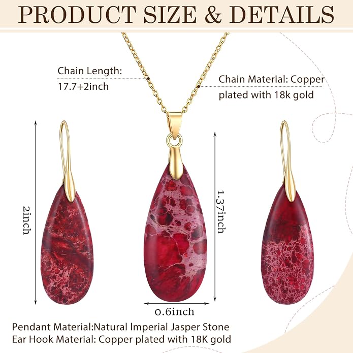 Kingdder Natural Stone Jewelry Set for Women Imperial Healing Stone Necklace Colorful Teardrop Dangle Earings Boho Jewelry