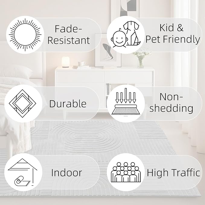 5x7 Solid Color Area Rugs – Washable Living Room Rug, Durable Non-Slip Indoor Carpet with Soft High-Low Pile, Fluffy Floor Rugs for Bedroom, Kids Room, House Apartment, Home Office Decor, Grey