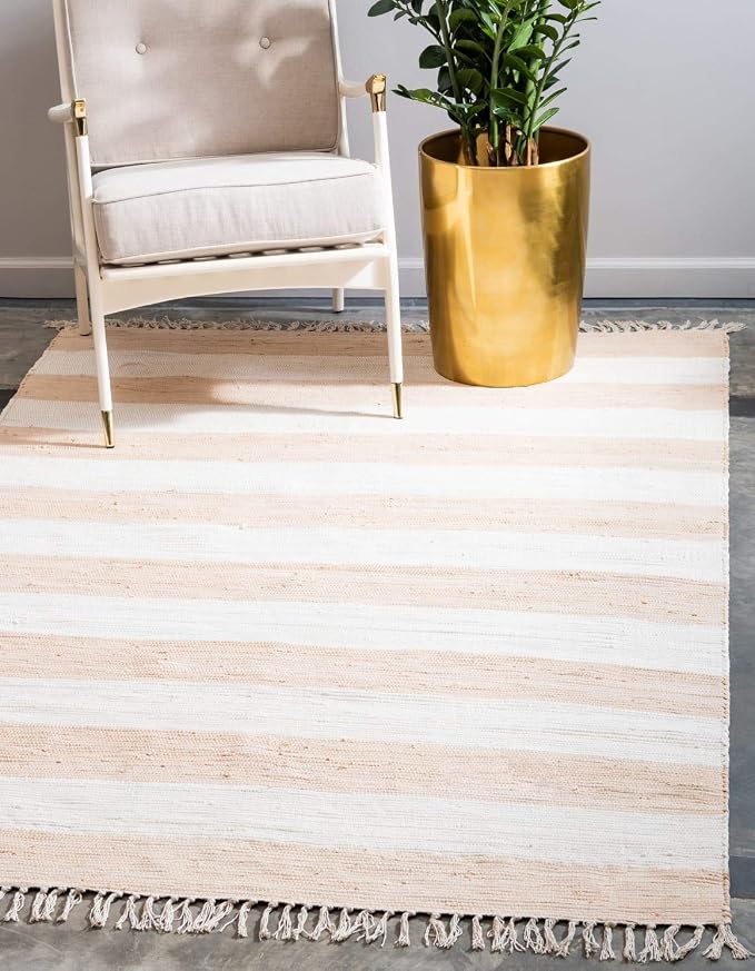 Unique Loom Chindi Rag Collection Area Rug - Striped (8'x 10' Rectangle, Beige/ Ivory)