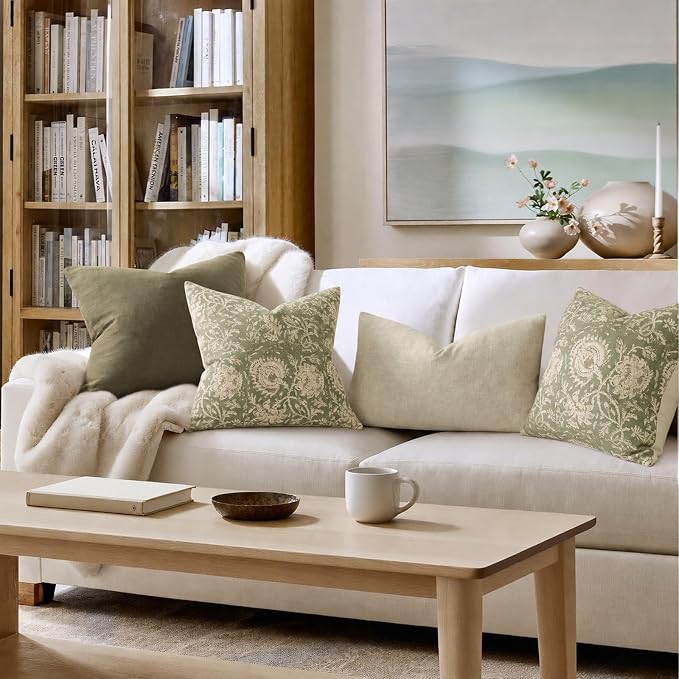 Vintage Floral Print Throw Pillow Covers 18x18 Set of 2 Neutral Modern Farmhouse Pillow Cases Accent Decorative Cushion Covers Boho Home Decor for Couch Sofa Chair Bed Living Room, Sage