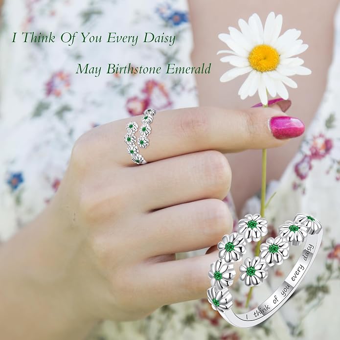 Dainty Daisy Ring for Women, S925 Sterling Silver Cubic Zirconia Sunflower Flower Ring For Daughter, I Think Of You Every Daisy Ring, Birthstone Flower Ring