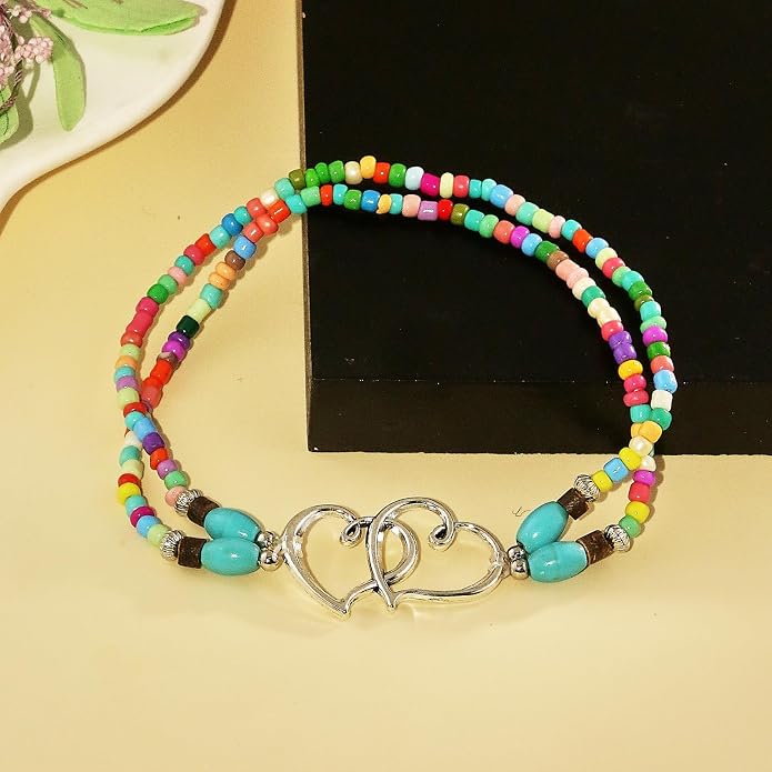Elastic Beaded Ankle Bracelets for Women Double Heart Layered Stretch Ankle Bracelets Waterproof Dainty Boho Beaded Anklets for Summer Beach Foot Jewelry