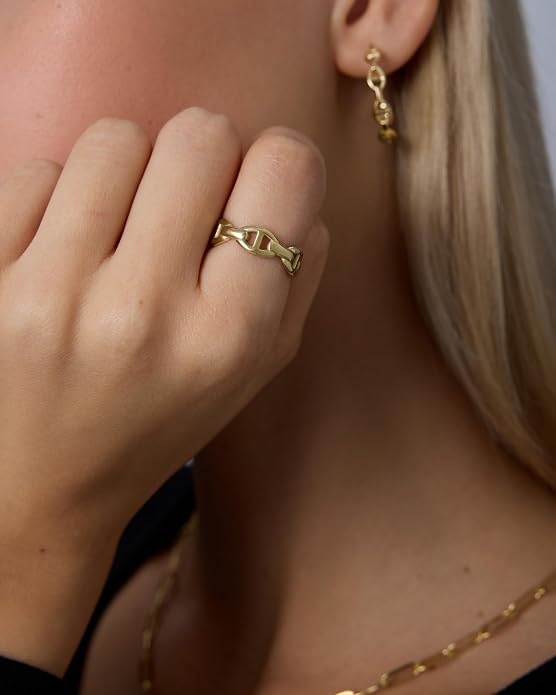 PAVOI Waterproof Link Ring - 14K Gold Plated Link Chain Ring for Women - Stackable Stainless Steel Thin Trendy Jewelry