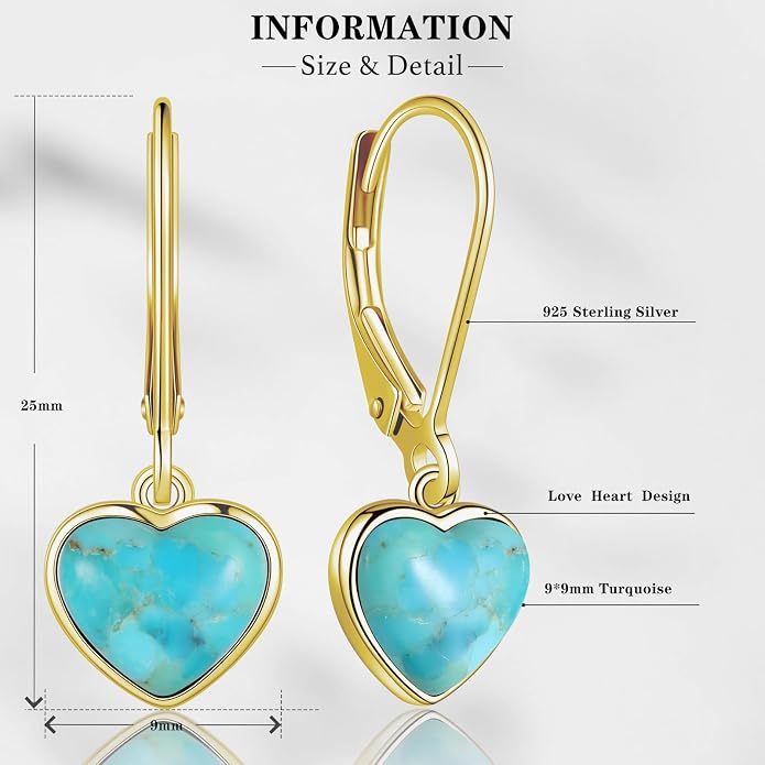 Heart Natural Turquoise Earrings for Women - Top AAA Grade, Hypoallergenic 925 Sterling Silver Leverback Dangle Earrings, Trendy Jewelry Gifts