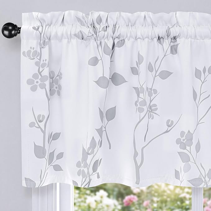 Beauoop Floral Valance Curtains for Kitchen Grey White 52X18 Inch 1 Panel | Flower Patterned Blackout Short Curtains for Living Room Bedroom Cafe 18 Inch Length Thermal Small Window Curtains Rod Pocket
