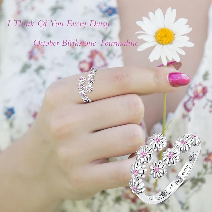 Dainty Daisy Ring for Women, S925 Sterling Silver Cubic Zirconia Sunflower Flower Ring For Daughter, I Think Of You Every Daisy Ring, Birthstone Flower Ring
