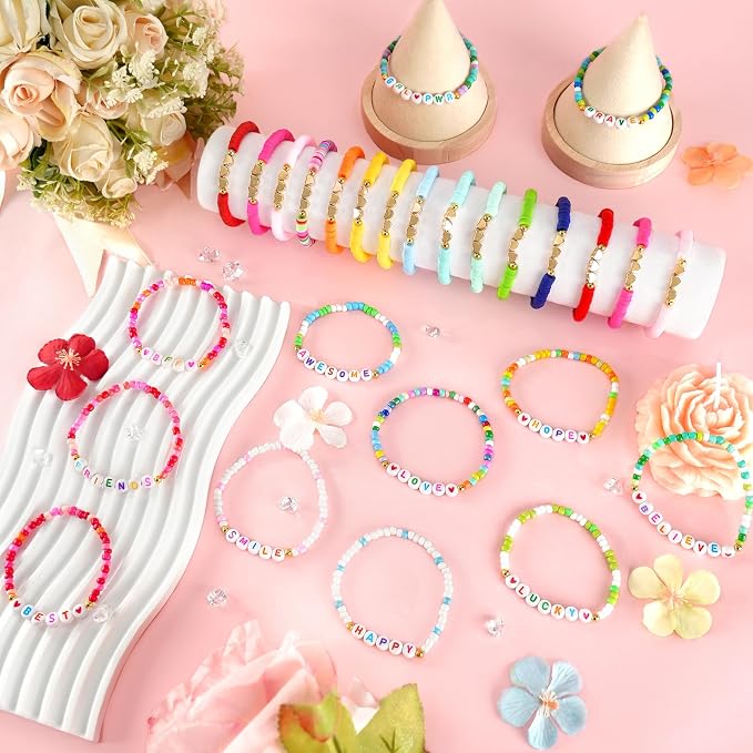 96PCS Friendship Bracelets Bulk for Women, Stackable Colorful Clay Beaded Bracelet with Heart Charms, Preppy Y2K Galentines Day Bracelets Surfer Heishi Bracelet Rainbow Matching Gifts & Party Favors