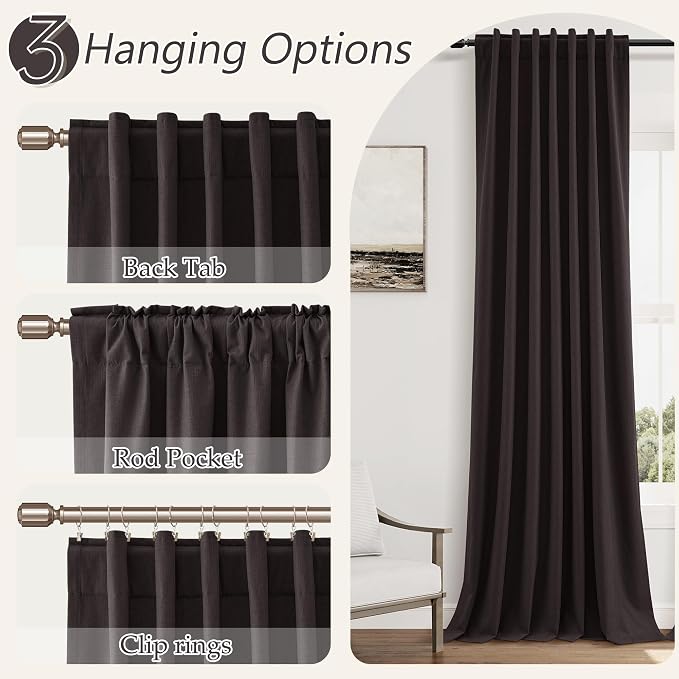 Guken 100% Blackout Curtains 90 Inch Length 2 Panels Set for Living Room Bedroom Back Tab Thermal Insulated Black Out Linen Drapes Room Darkening Cocoa Coffee,52x90