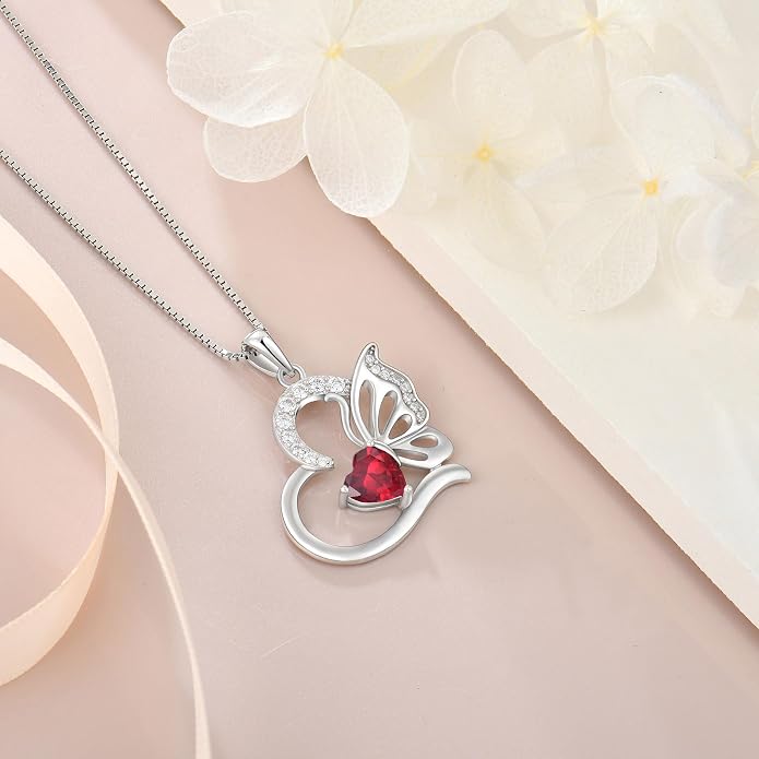 Butterfly Necklace for Women 925 Sterling Silver Heart Pendant Birthstones Jewelry Gift