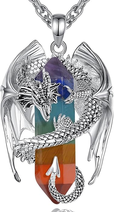 INFUSEU Unique Dragon Necklaces with Healing Crystal Stone for Men Women, Personalized Spiritual Gifts, 24 Inch Chain