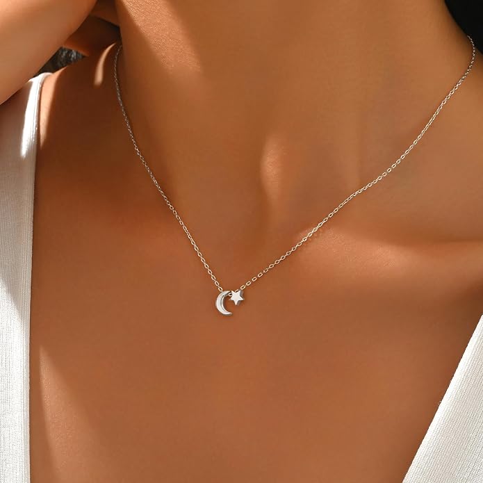 925 Sterling Silver Crescent Necklace for Women, Dainty Moon Star Choker Chain Necklace to Daughter Mother, 14k Gold Plated Moon and Star Charm Pendant Necklaces Jewelry Gift for Birthday Mother's Day