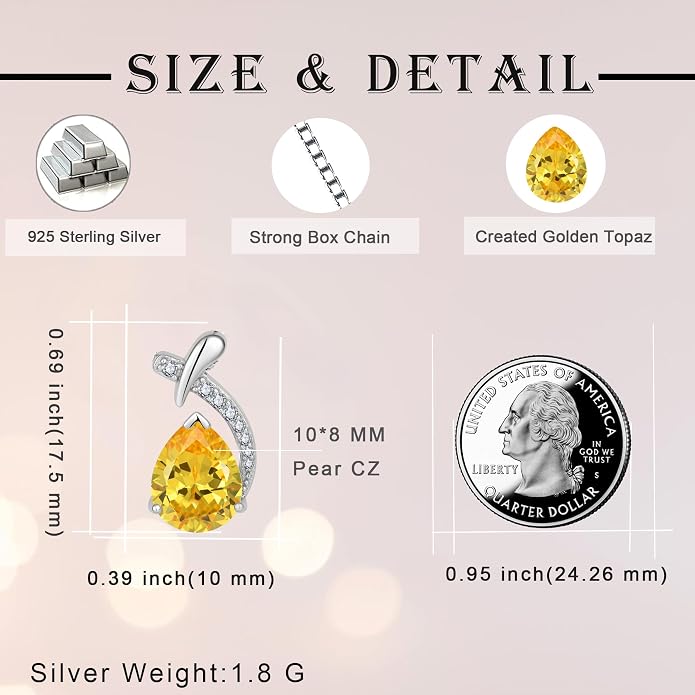 Teardrop Birthstone Necklace for Women,925 Sterling Silver Pear Cut Zircon Gemstone Pendant Necklace for Birthday Engagement Anniversary Wedding Jewelry