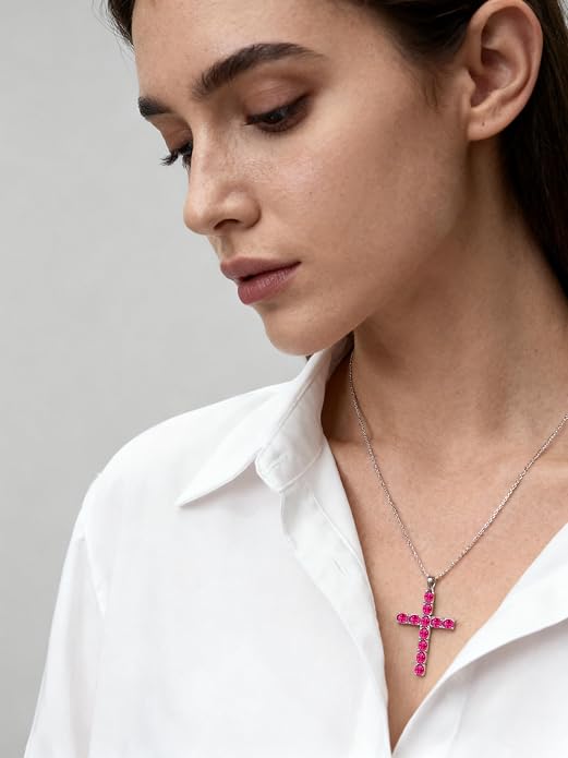 925 Sterling Silver Cross Necklace for Women Men Christian Jesus Faith Birthstone Cross Crucifix Pendant Necklaces
