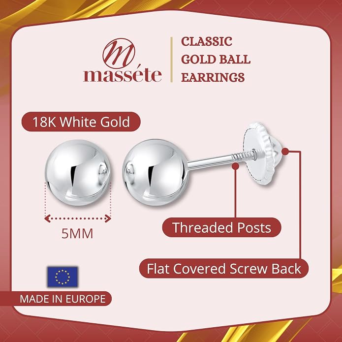 MASSETE Gold Ball Stud Earrings for Women and Girls Screwback | 10k, 14k, 18k | White Yellow or Rose Gold | 3mm 4mm 5mm | Nickel Free