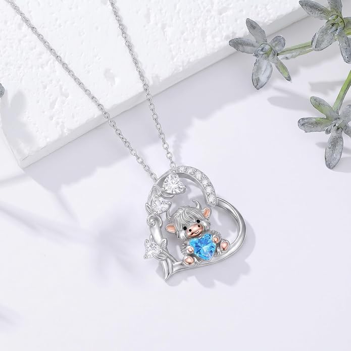 PELOVNY Teddy Bear Necklace for Women 925 Sterling Silver Bear/Highland Cow/Fox/Cat/Axolotl Birthstone Necklace Christmas Birthday Jewelry Gifts for Mom Daughter Wife Sister
