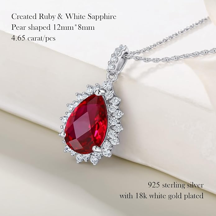 925 Sterling Silver Teardrop Necklace for Women Huge Created Gemstone Solitaire Halo Pendant Pear Cut Birthstone Necklace