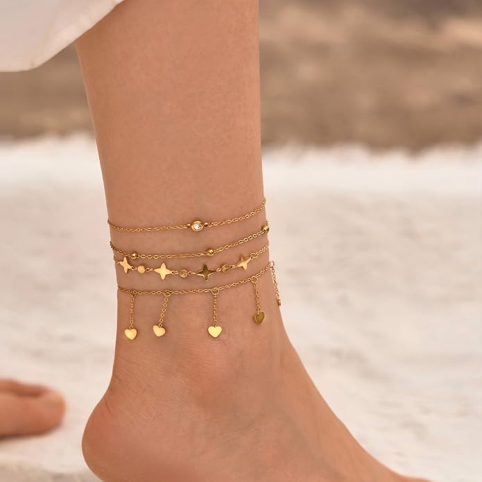 LOFITOR Ankle Bracelets for Women Glitter Waterproof Adjustable Anklet Set for Women 18K Gold Plated Silver Charm Dainty Layered Anklets, Summer Beach Anklet Jewelry for Women