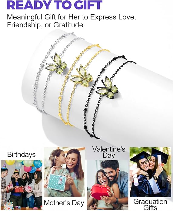 Richsteel Double Layer Heart/Butterfly Birthstone Anklet for Women Non Tarnish Waterproof, Silver/Gold/Black Stainless Steel 8.5-10.5 Inch Adjustable Chain Anklets Jewelry Gifts for Her