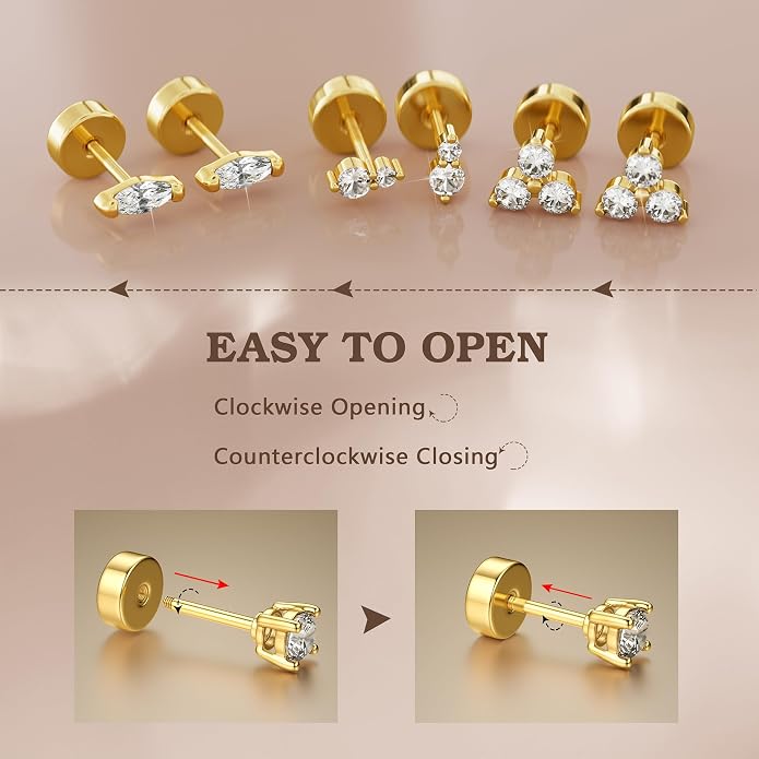 14K Gold Plated Solid 925 Sterling Silver Post Flat Back Earrings Stud | Cartilage Helix Conch Tragus Piercing Jewelry 3 Pairs Tiny Screw Dainty CZ Opal Earring Set Men Women