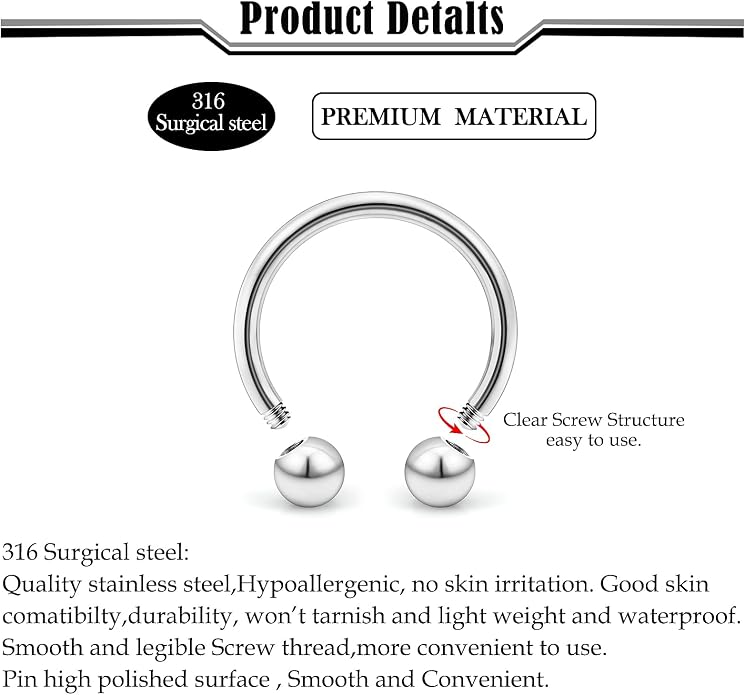 20G-00G Septum Rings horseshoes Nose Rings Hoops 316L Surgical Steel Snake Bites Lip Nipple Ring Cartilage Tragus Helix Rook Conch Daith Earrings Pa Piercing Jewelry for Women Men