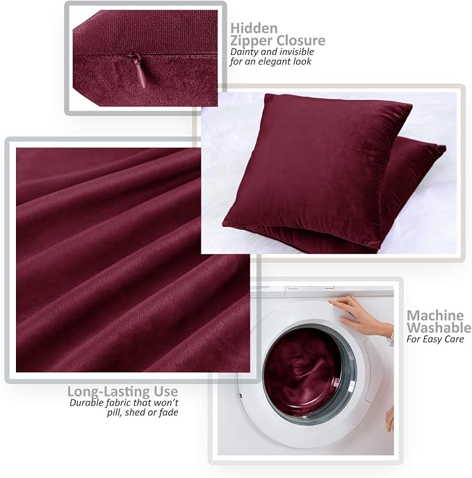 Nestl Throw Pillow Covers, Cozy Velvet Decorative Outdoor Pillow Covers 20X20 Inches, Soft Solid Cushion Covers for Sofa, Bed and Car, Set of 4 - Burgundy Red