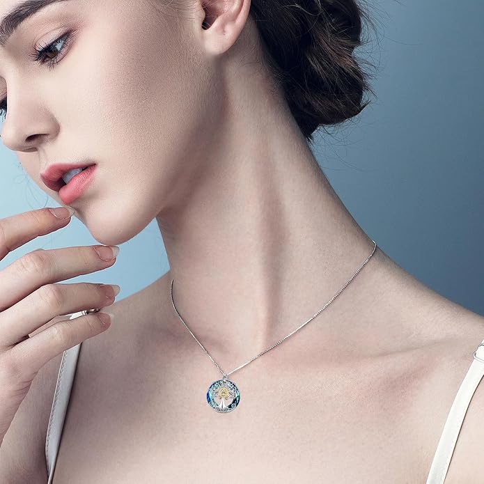 TOUPOP Tree of Life Necklace 925 Sterling Silver Celtic Knot Tree Pendant Jewelry with Blue Crystal Christmas Gifts for Women