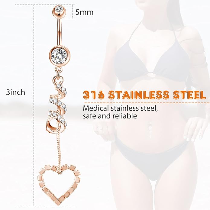 Yaomiao 18 Pcs 14G Stainless Steel Belly Button Ring Rhinestone Heart Dangle Belly Button Rings for Women
