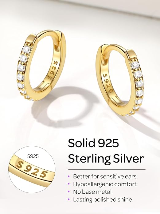 ChicSilver 925 Sterling Silver Huggie Earrings for Women 14K Gold Plated Silver Hoop Earrings for Women Hypoallergenic Small Cubic Zirconia Huggie Earring (6/8/10/12/14/16/18/20mm)
