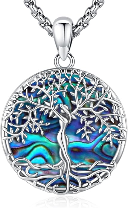 Sterling Silver Tree of Life Necklace for Women Oval Family Tree Necklace Abalone Shell Moonstone Pendant Mother Day Necklace for Mom Tree of Life Jewelry