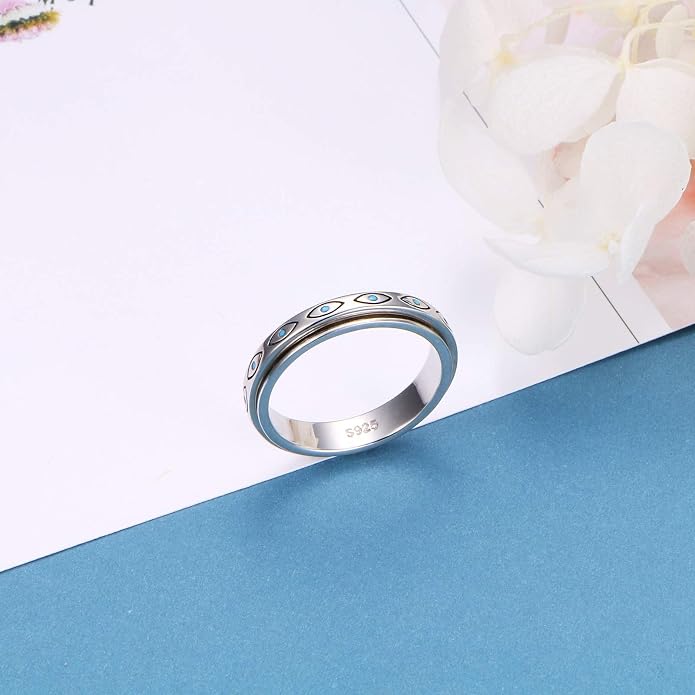 Alphm S925 Sterling Silver Spinner Fidget Anxiety Worry Relieving Boredom ADHD Autism Band Rings