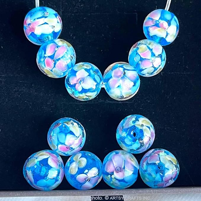 Artsy Crafts 12 Pcs Lily Flower Glow in The Dark Firefly Beads, 12mm European Lampwork Luminous Glass Beads for Jewelry Making Charm Bracelet Necklace Earrings Crafts (Lily - Blue)