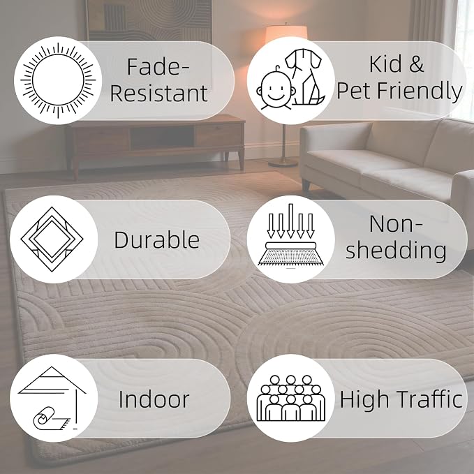 5x7 Cream Beige Area Rug - Washable Fluffy High-Low Pile Rugs for Living Room Bedroom, Modern Geometric Pattern, Non-Slip Textured Indoor Rugs for Nursery, Kids Room, Home Office