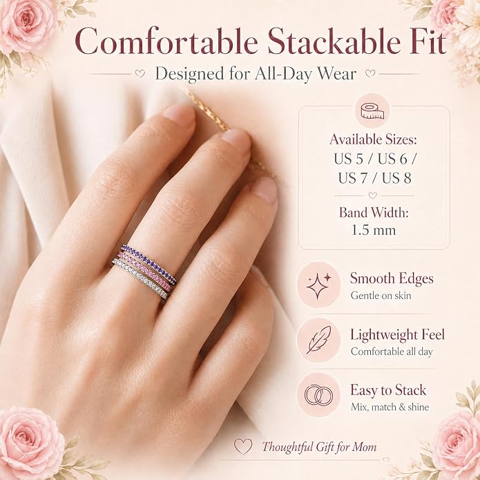 Birthstone Rings For Women, Silver Stackable Cubic Zirconia Stainless Steel Birth Stone Ring To My Daughter/Mom Birthday Unique Gifts Jewelry