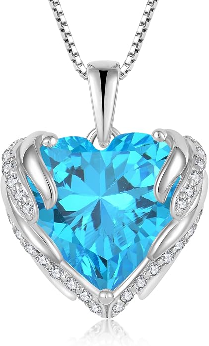 Angel Wings Necklace for Women 925 Sterling Silver Cubic Zirconia Love Heart Birthstone Pendant Necklaces