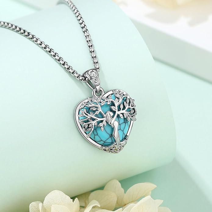 EUDORA Tree of Life Necklace with Moonstone Amethyst Obsidian Turquoise Healing Crystal for Women, Silver Plated Copper Mother Tree of Life Pendant Amulet Energy Jewelry, Gift for Women Mom, 20"+2"