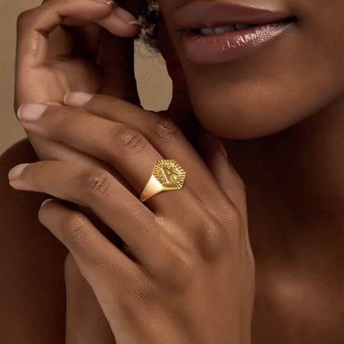 KeyStyle Bold Initial Letter Rings Adjustable, GoldChic Jewelry Women Gold Statement Ring Personalized Engraved Women’s Open Signet Ring for Party (Gold, White Gold, Black)