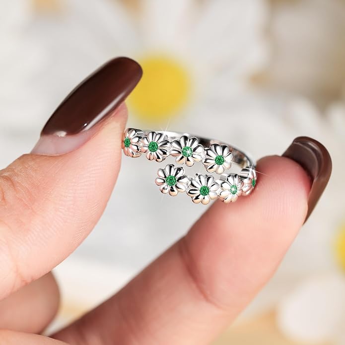 Dainty Daisy Ring for Women, S925 Sterling Silver Cubic Zirconia Sunflower Flower Ring For Daughter, I Think Of You Every Daisy Ring, Birthstone Flower Ring