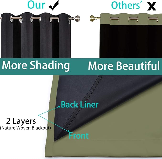 Yakamok Sage 100% Blackout Patio Door Curtain Panels W100 x L96,1 Panel | Noise Reducing Barrier Panel for Sliding Glass Door, 2 Thick Layers Heat Full Light Blocking Patio Door Drapery