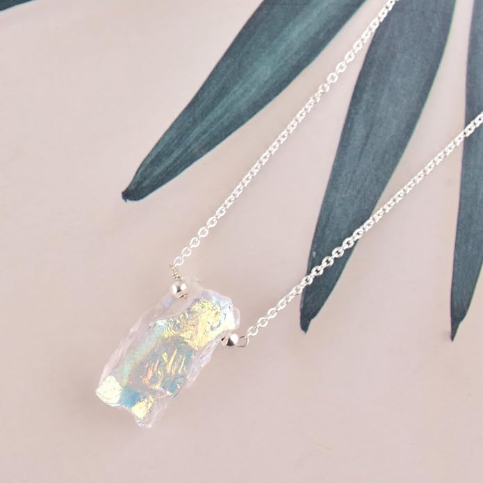 Natural Angel Aura Quartz Crystals Pendant Necklace, Cabochon Gemstone, Energy Healing Crystals, Birthday, Gift for Her, Gemstone Jewelry 18 inch AAA+ Quality