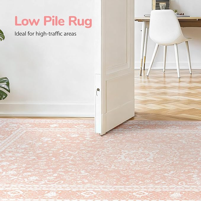 Lessymo 5x7 Area Rugs- Machine Washable Area Rugs, Super Soft Faux-Wool Area Rug for Living Room Bedroom, Boho Area Rug Vintage Floral Medallion Non-Slip Low Pile, Kid & Pet Friendly, Pink