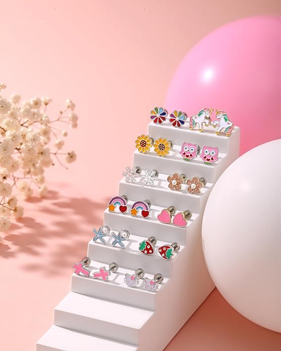 24 Pairs Hypoallergenic Screw Back Earrings for Girls Kids Women Surgical Stainless Steel Flat Back Earrings for Sensitive Ears Cute Strawberry Flower Rainbow ScrewBack Stud Earrings Jewelry
